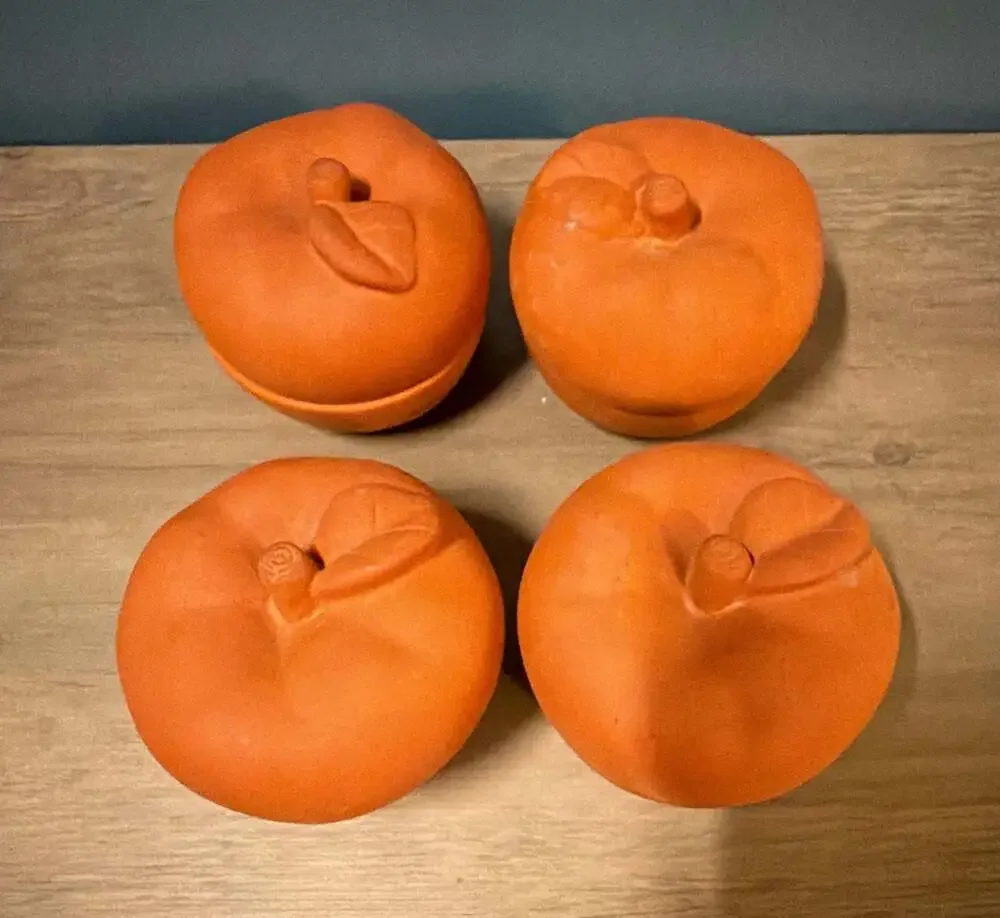 Terracotta Apple Shaped Baking Dishes with Green Glazed Interior Set of 4